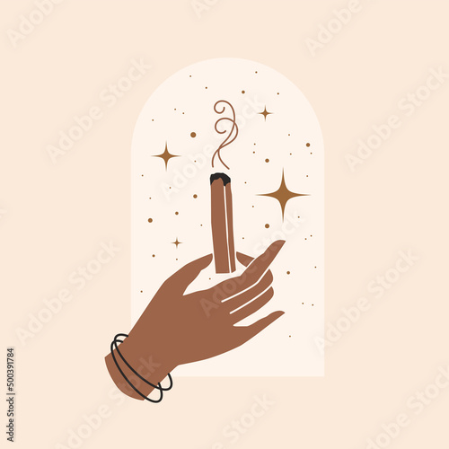 Hand holds stick of sacred tree Palo Santo, exuding fragrance. Latin American incense for meditation. Mystical symbol for spiritual practices, ethnic magic. Vector illustration in minimalist style.