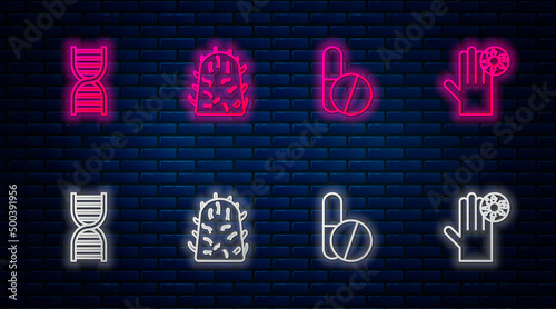 Set line Rabies virus, Medicine pill or tablet, DNA symbol and Hand with. Glowing neon icon on brick wall. Vector