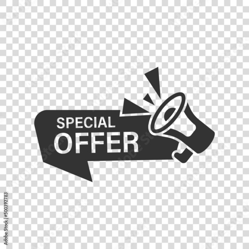 Special offer label icon in flat style. Megaphone with discount vector illustration on isolated background. Sale sign business concept.