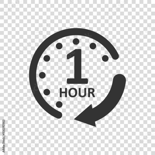 1 hour clock icon in flat style. Timer countdown vector illustration on isolated background. Time measure sign business concept.