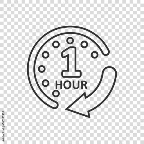 1 hour clock icon in flat style. Timer countdown vector illustration on isolated background. Time measure sign business concept.