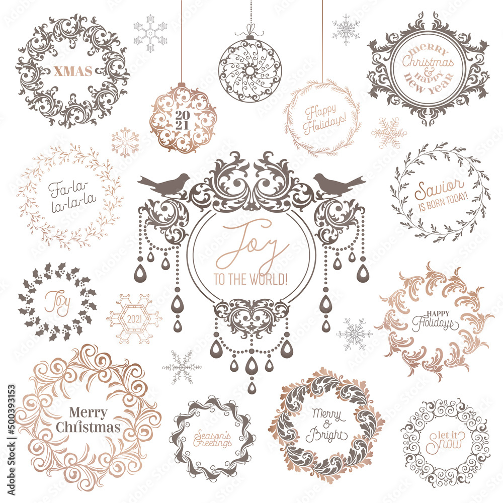 Winter Wreath, Christmas Vintage typographic, New year labels, badges, Calligraphic Design Elements