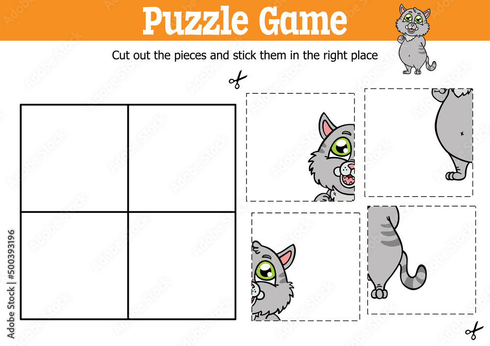 Vector educational kids puzzle game to cut and stick pieces with cartoon cat character