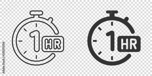 1 hour clock icon in flat style. Timer countdown vector illustration on isolated background. Time measure sign business concept.