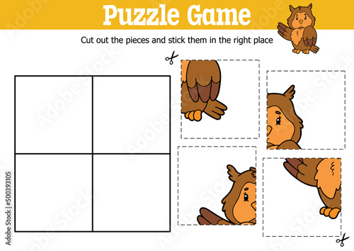 Vector educational kids puzzle game to cut and stick pieces with cartoon owl character