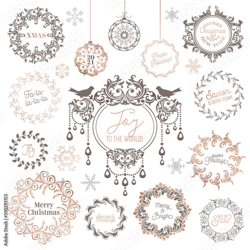 Winter Wreath, Christmas Vintage typographic, New year labels, badges, Calligraphic Design Elements