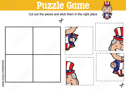 Vector educational kids puzzle game to cut and stick pieces with cartoon Uncle Sam character