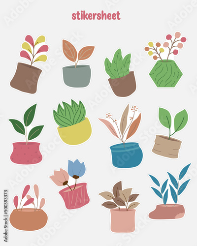 Set of flat design abstract vector illustrations for plant stickers. Happy floral and leaf stickers for scrapbook  planner stickers design.