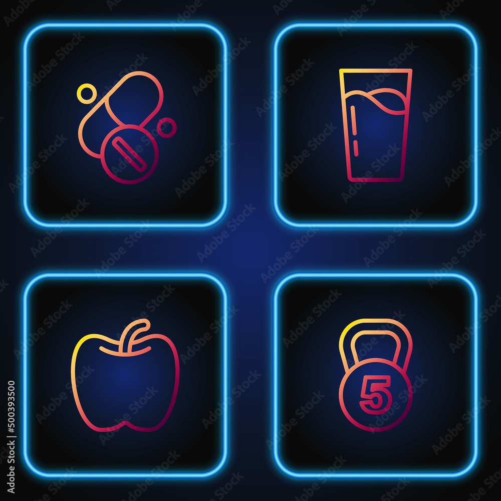 Set line Weight, Apple, Vitamin pill and Glass with water. Gradient color icons. Vector Set line Weight, Apple, Vitamin pill and Glass with water. Gradient color icons. Vector