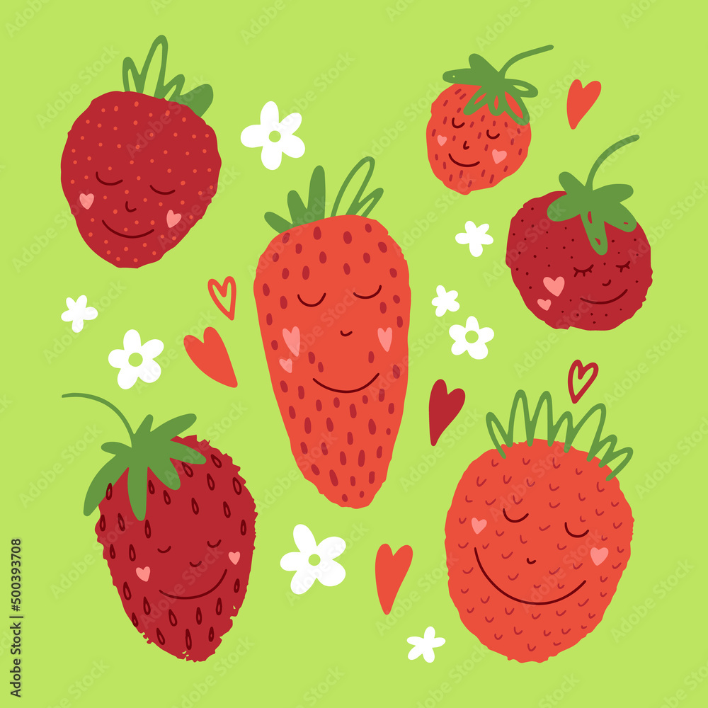 Set of cute and happy sweet strawberries. Summer character design vector collection