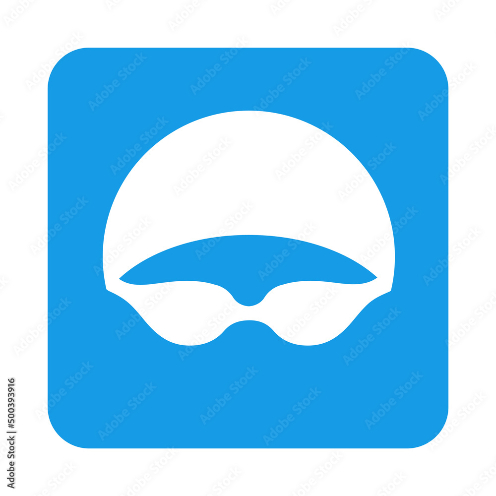 Logotipo piscina. Icono plano silueta de cabeza de nadador con sombrero de natación y gafas protectoras en cuadrado color azul Logotipo piscina. Icono plano silueta de cabeza de nadador con sombrero de natación y gafas protectoras en cuadrado color azul