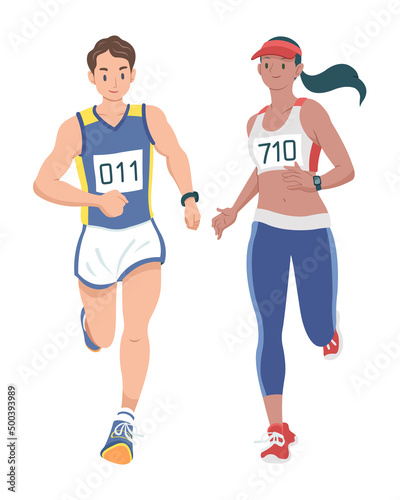 Flat style marathon runner couple cartoon illustration
