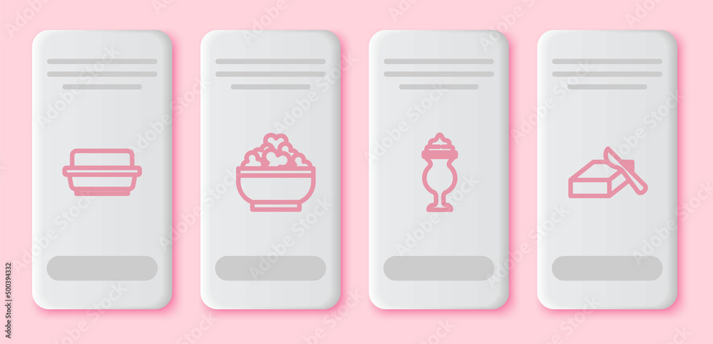 Set line Butter in a butter dish, Cottage cheese, Milkshake and . White rectangle button. Vector
