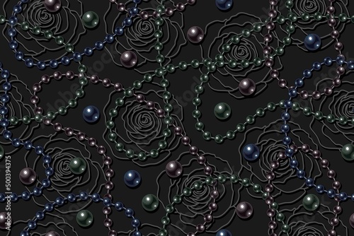 Seamless pattern with dark pearl beads, strings of black pearls, contour roses on black background. Wavy lines, classic black colors of pearls. Vector illustration