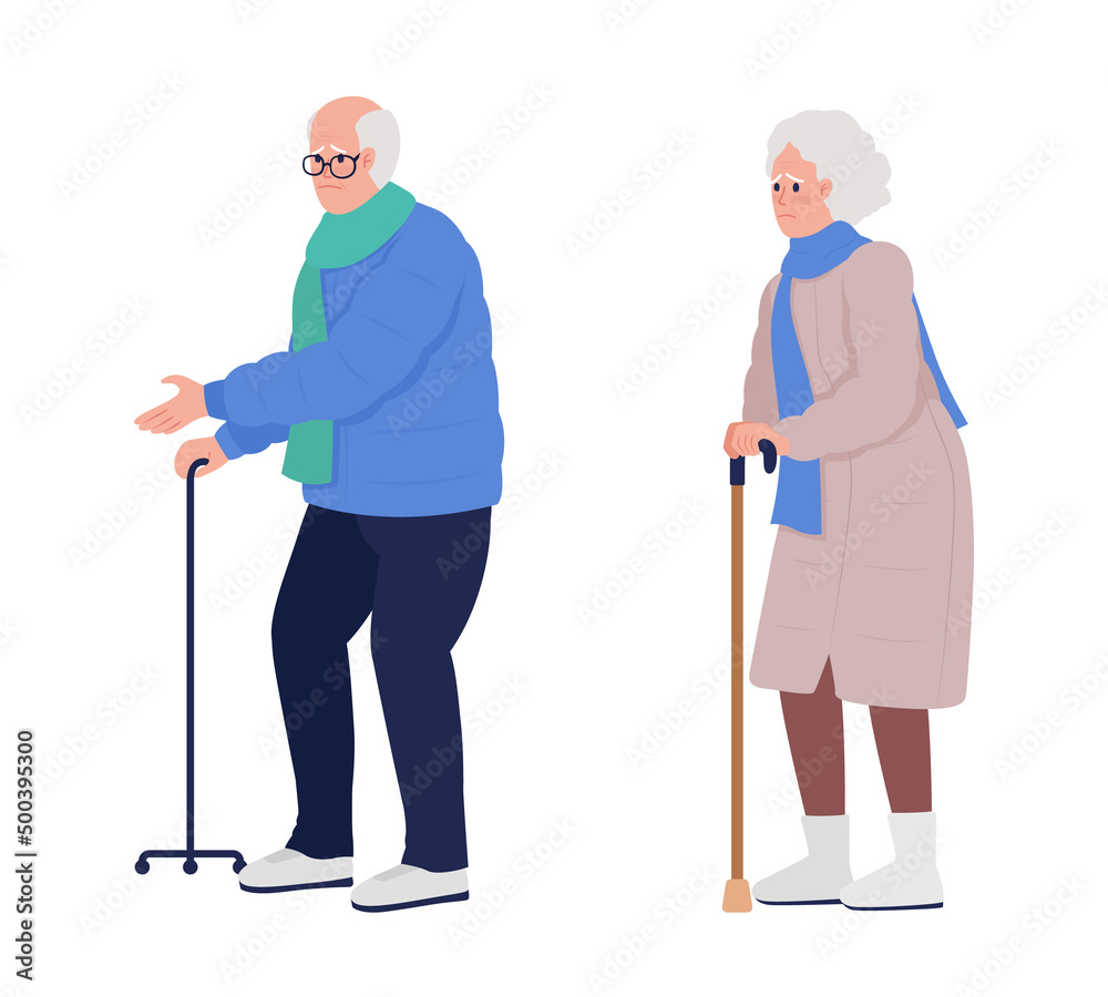 Elderly people with walking canes semi flat color vector character set. Standing figures. Full body people on white. Simple cartoon style illustration collection for web graphic design and animation Elderly people with walking canes semi flat color vector character set. Standing figures. Full body people on white. Simple cartoon style illustration collection for web graphic design and animation