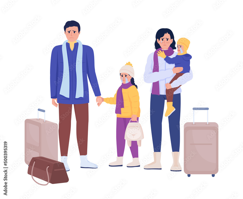 Family waiting for evacuation on train station semi flat color vector characters. Sad figures. Full body people on white. Simple cartoon style illustration for web graphic design and animation Family waiting for evacuation on train station semi flat color vector characters. Sad figures. Full body people on white. Simple cartoon style illustration for web graphic design and animation