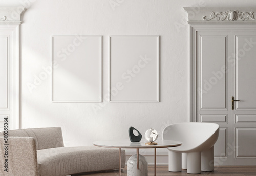 Contemporary classic white interior with two mock up posters furniture and decoration. 3d render illustration mockup.