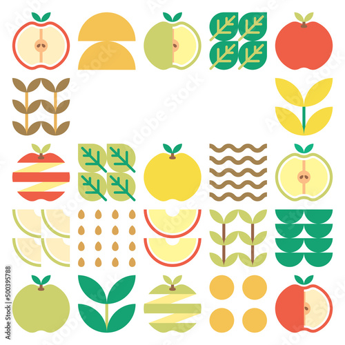 Apple frame abstract artwork. Design illustration of colorful apple pattern, leaves, and geometric symbols in minimalist style. Whole fruit, cut and split. Simple flat vector on a white background.