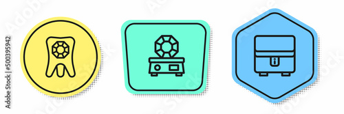 Set line Tooth with diamond, Gem stone and Jewelry box. Colored shapes. Vector