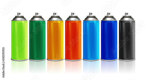 Realistic set of beautiful spray paints in bottles with reflection. Vector illustration.