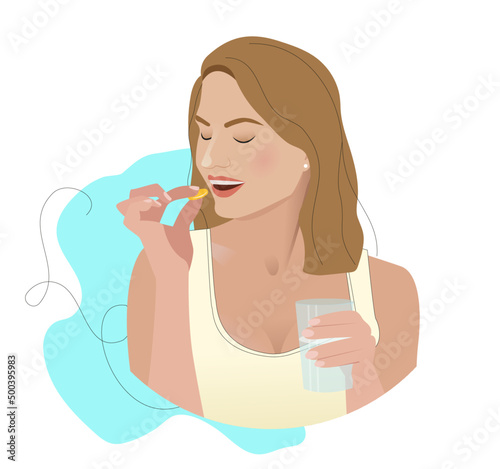 Beauty flat illustration, round, for actual stories. The girl takes vitamins, dietary supplements and drinks water from a glass. Beautiful health vector illustration.