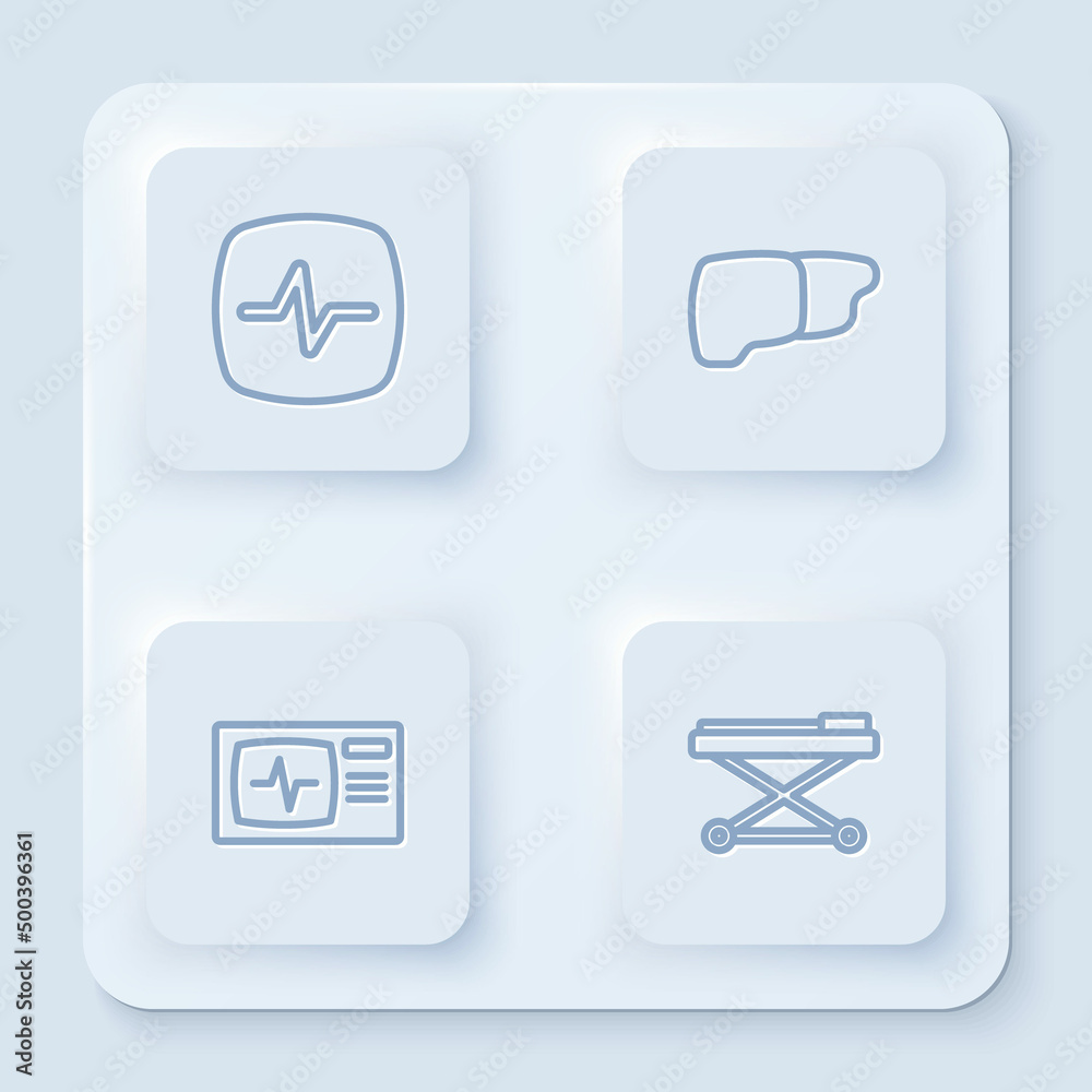 Set line Heart rate, Human organ liver, Monitor with cardiogram and Stretcher. White square button. Vector Set line Heart rate, Human organ liver, Monitor with cardiogram and Stretcher. White square button. Vector