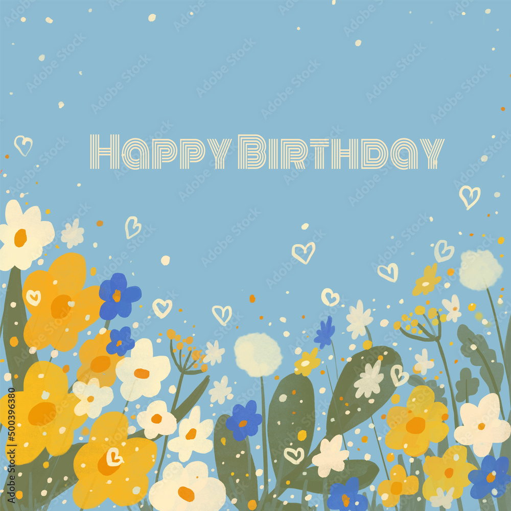 Birthday greetind card with hand drawn abstract flowers. Spring background, floral template