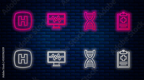 Set line Monitor with cardiogram, DNA symbol, Hospital signboard and Patient record. Glowing neon icon on brick wall. Vector
