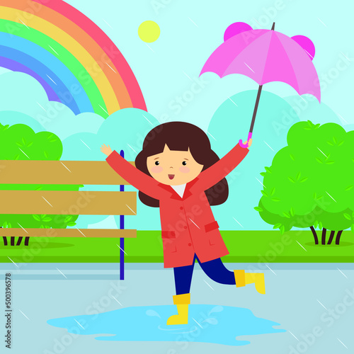 girl on a walk and a rainbow after the rain