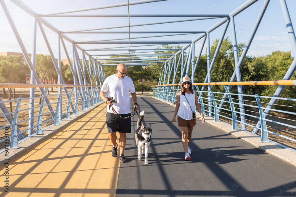 Couple with Husky strolling on footbridge Couple with Husky strolling on footbridge