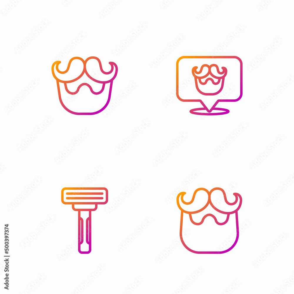 Set line Mustache and beard, Shaving razor, and Barbershop. Gradient color icons. Vector Set line Mustache and beard, Shaving razor, and Barbershop. Gradient color icons. Vector