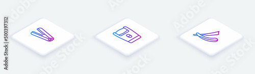 Set Isometric line Curling iron for hair, Electric razor blade and Straight. White square button. Vector