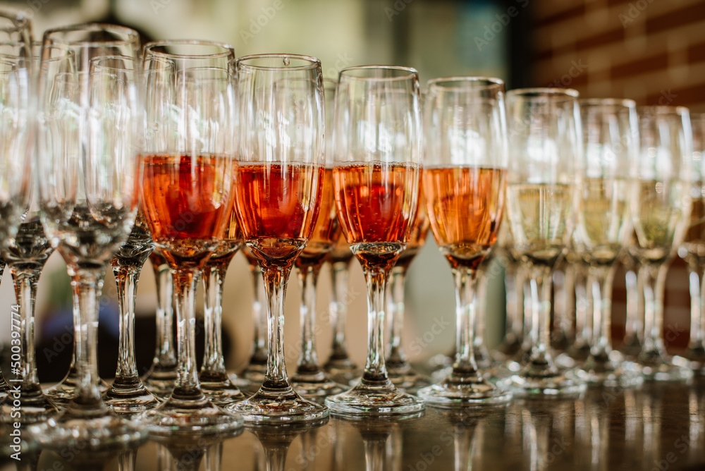 Glasses of champagne for a welcome drink at a party or wedding Glasses of champagne for a welcome drink at a party or wedding