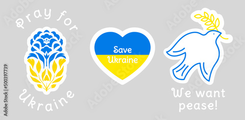 Stickers in support of Ukraine, Ukrainian flag with Pray for Ukraine concept icons set. Vector illustration