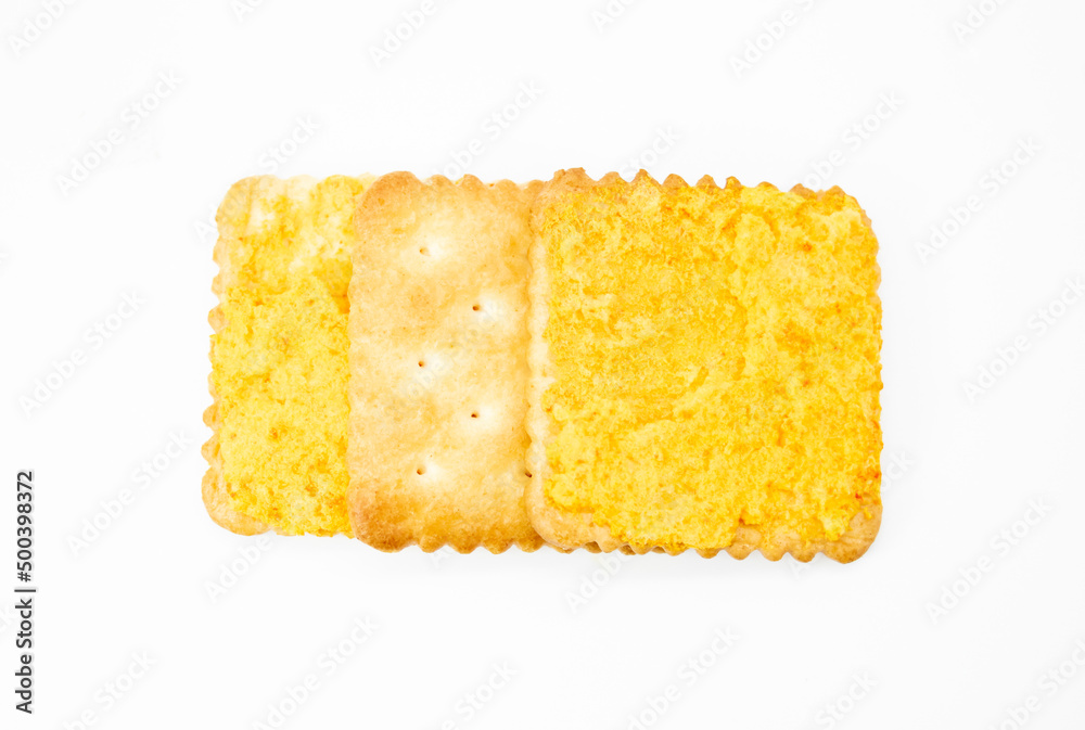 rectangular biscuit with butter isolated on white. Top view.
