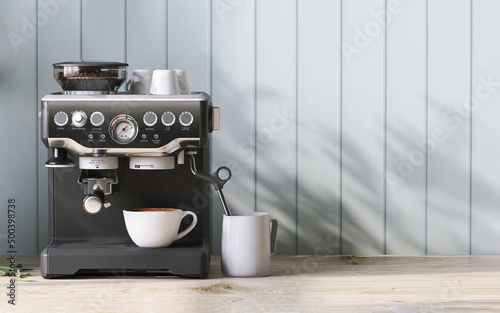 Canvas Print Realistic 3D render, professional like black coffee making machine on beautiful wooden table, pastel blue wall panel in background with morning sunlight, leaves shadow