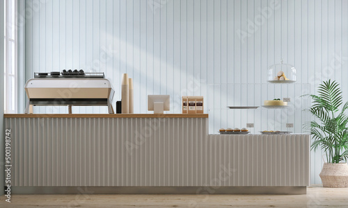 Photos Realistic 3D render cafe interior design in pastel minimal style, Front view of coffee shop counter with bakery display and decoration plants