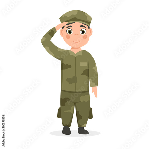 Soldier officer in camouflage uniform. Smiling boy in uniform. Cartoon vector illustration.
