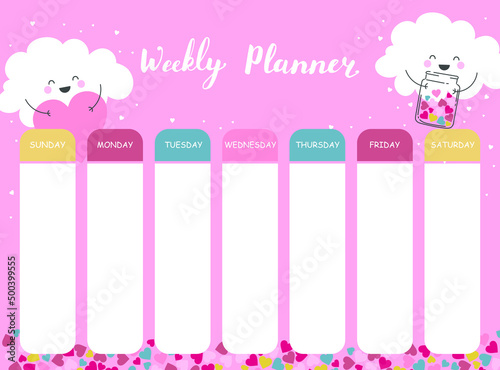 Planner template for students or schoolchildren. Kawaii clouds hold hearts. Design cartoon clouds, hearts on a pink background.