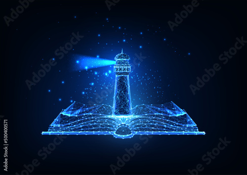 Futuristic education, imagination, learning concept with glowing low poly open book and lighthouse