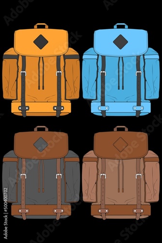 Set of vector Colorful Backpacks. Backpacks for schoolchildren, students, travellers and tourists. Back to School rucksack flat vector illustrations isolated on white.
