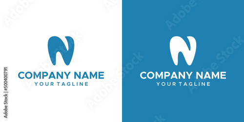 an N dental themed graphic, on a blue and white background. vector graphics base.