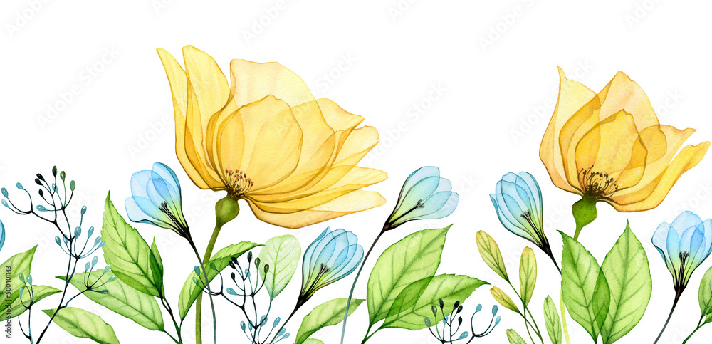 Watercolor floral horizontal seamless border with yellow rose and blue snowdrops. Abstract banner with Ukrainian flowers and leaves. Hand painted illustration with Ukraine symbolic colours