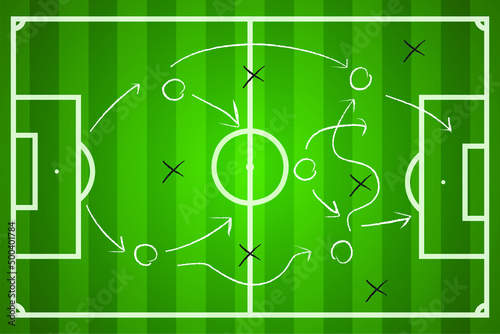 Football or Soccer pitch field with player position moving forward ball strategy planning top view