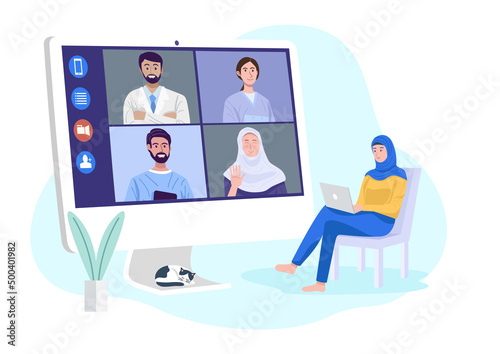 Video conferencing at home, Muslim woman having video call meeting with clients at home. Vector