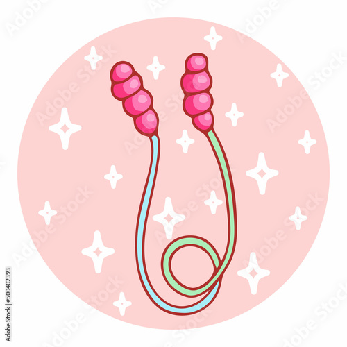 Cute hand-drawn skipping rope in doodle cartoon style. Round composition in neutral candy colors. Kawaii element for card, social media banner, sticker, decoration kids playroom. Vector illustration