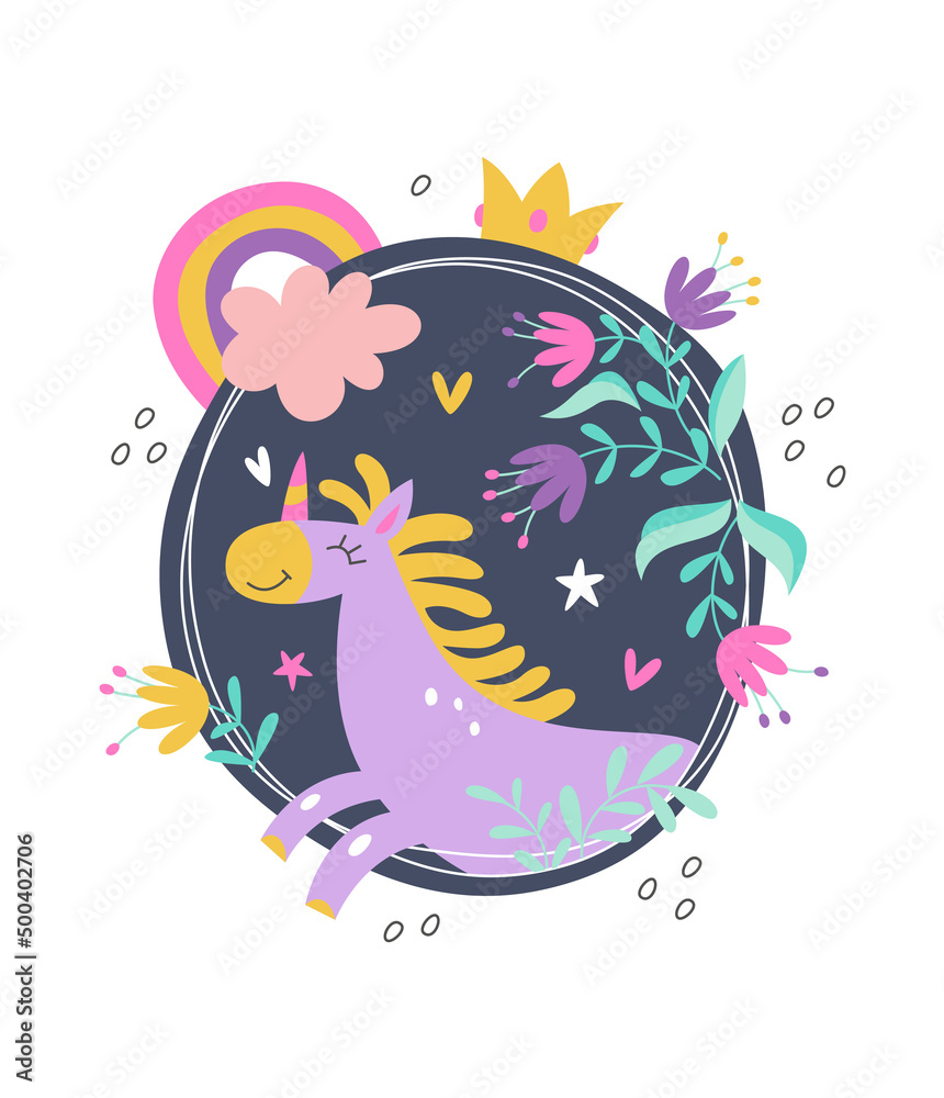 Cute unicorn with a mane and a horn in a round frame. Birthday concept. Crown, rainbow, flowers, plants. Vector hand drawn illustration isolated on white background Cute unicorn with a mane and a horn in a round frame. Birthday concept. Crown, rainbow, flowers, plants. Vector hand drawn illustration isolated on white background
