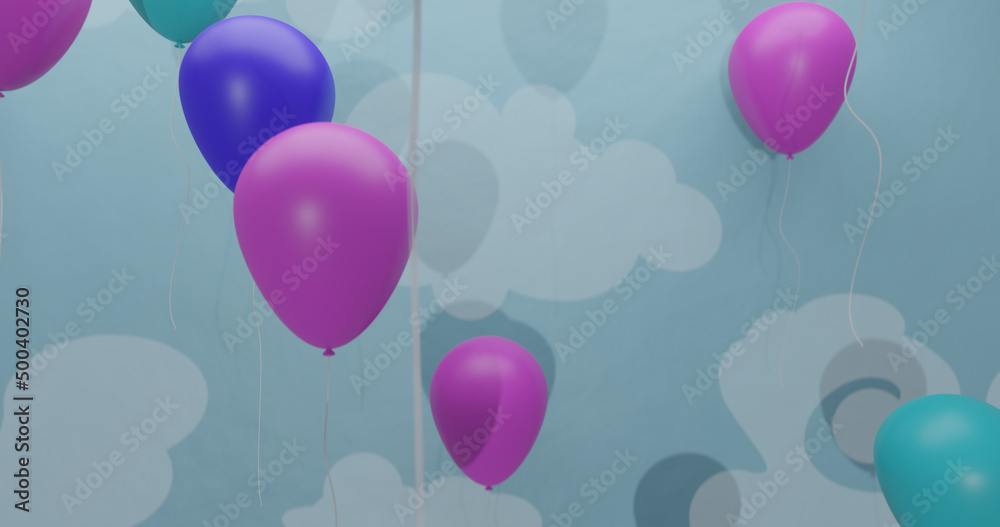 Floating balloons on pastel colours over a blue background decorated with clouds. 3D render illustration
