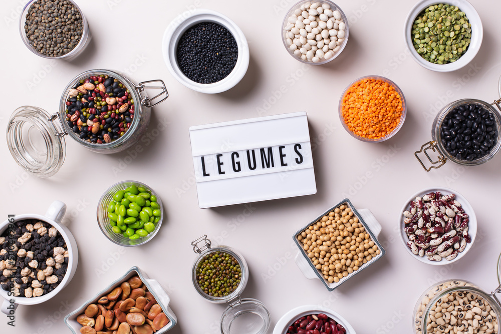Naklejka premium Variety of legumes, lentils, beans, plant based vegan protein source