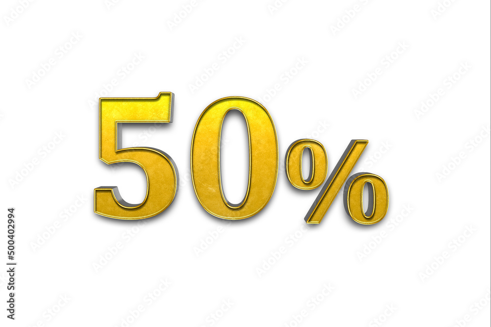3D gold fifty percent or special offer 50% discount tag isolated over white background with shadow. 3D render 3D gold fifty percent or special offer 50% discount tag isolated over white background with shadow. 3D render